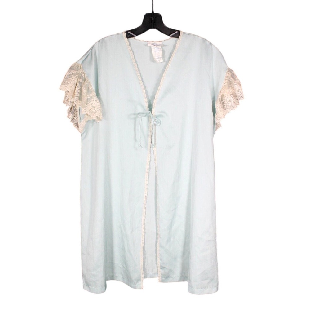 VTG UNDERCOVER WEAR Aqua RUFFLE LACE SLEEVE Tie Front DRESSING GOWN ROBE Sz L
